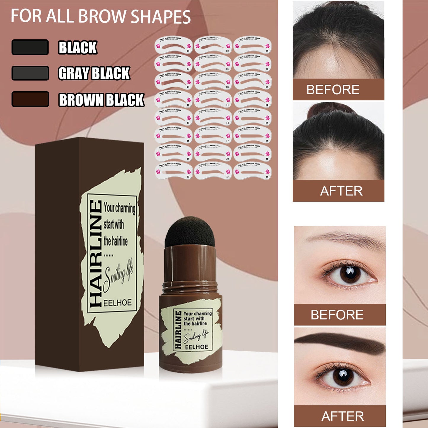 Brow Stamp Color Options and Before and After Use